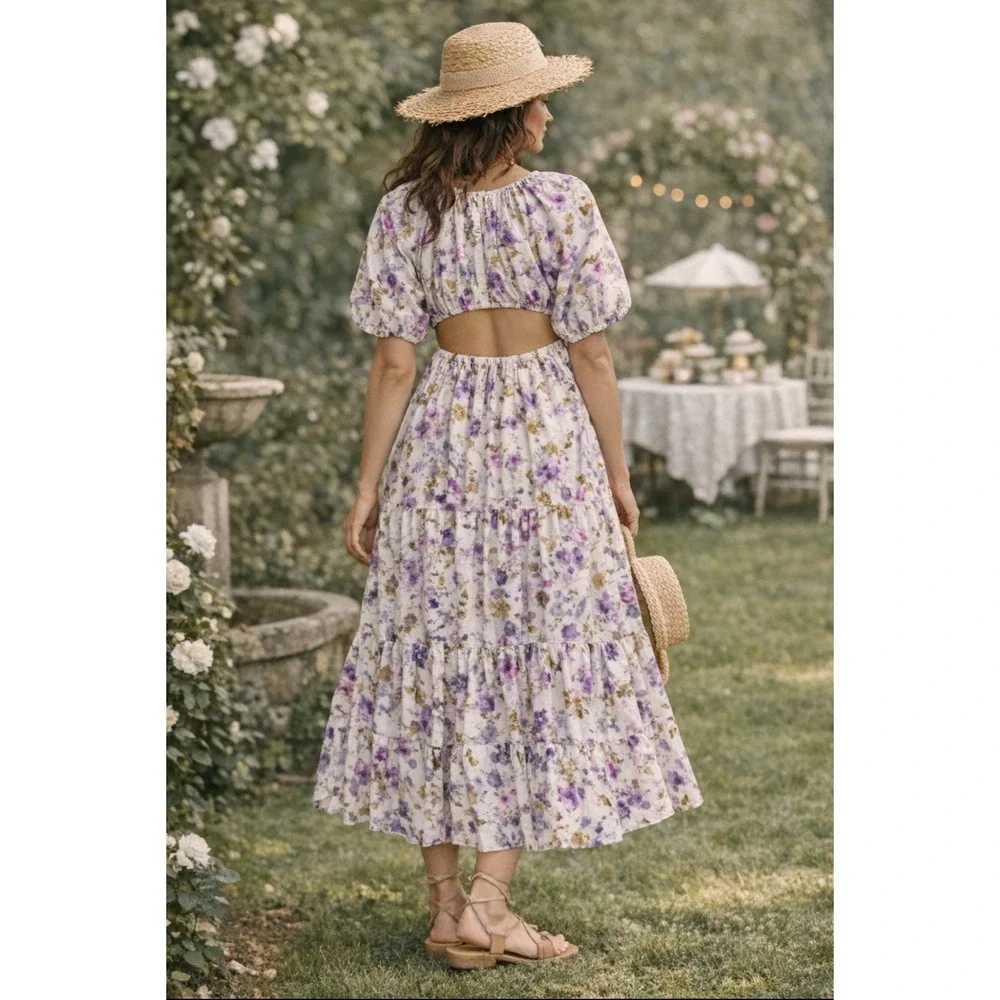 J.‎ Crew Floral Cutout Maxi Dress Sz 10 Open Back Cottagecore Garden Peasant